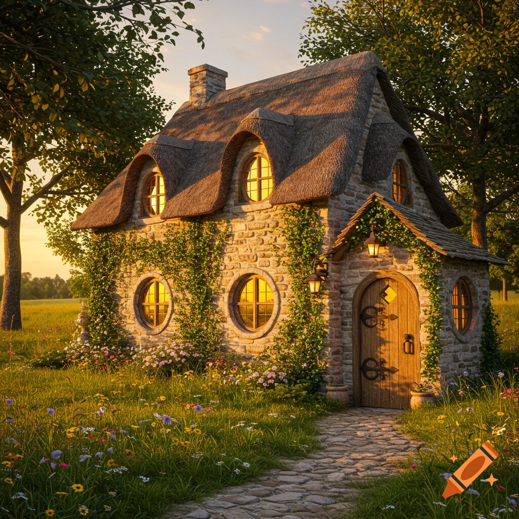A whimsical stone cottage with a thatched roof and round windows, covered in ivy, sits in a vibrant wildflower field at sunset with a stone path leading to its door.