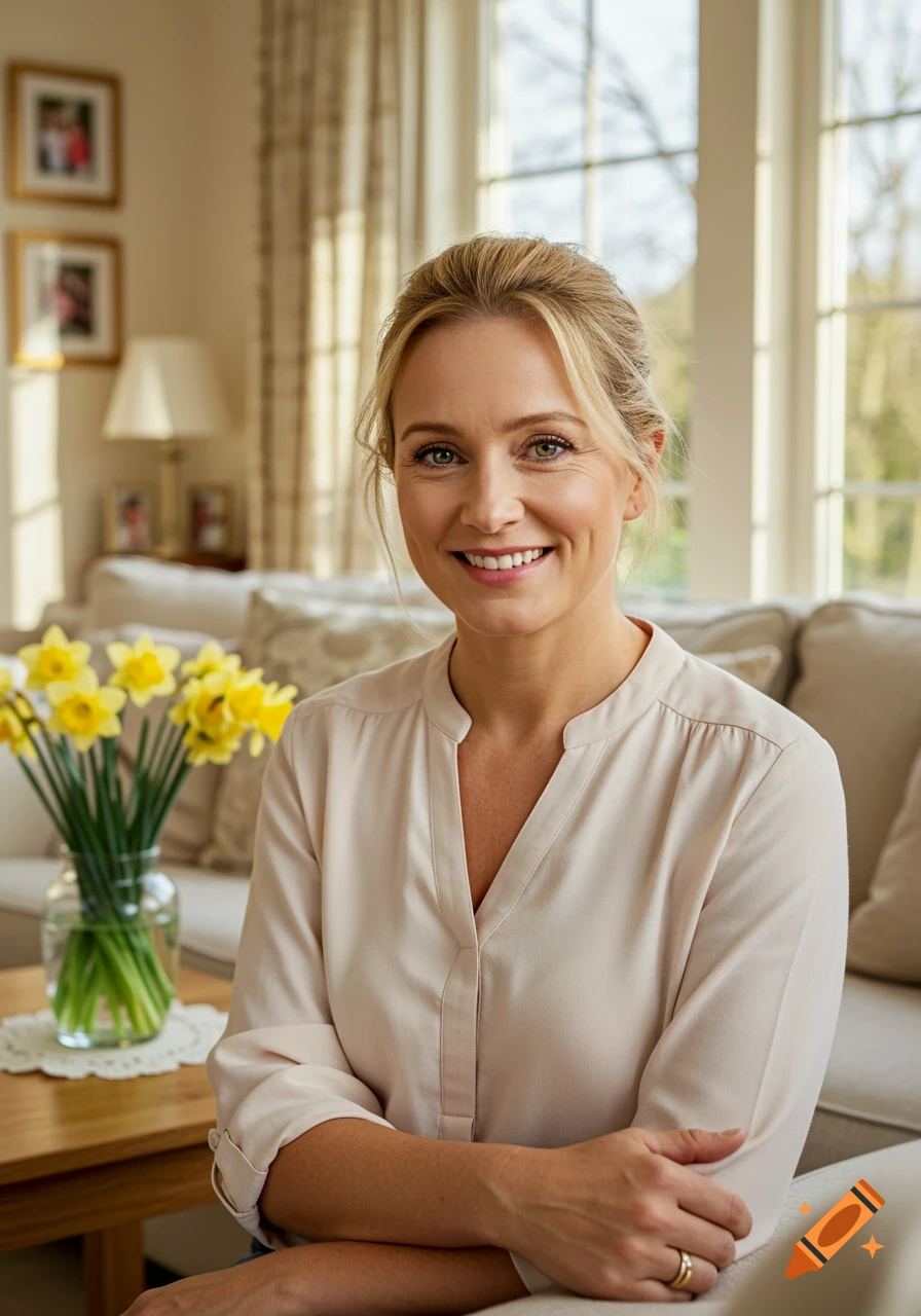 A smiling blonde woman in a cream blouse sits in a brightly lit living room with daffodils on a table.