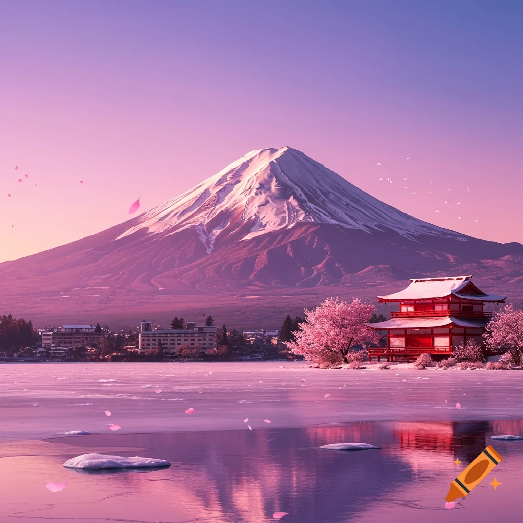 Snow-capped Mount Fuji, a red Japanese house, and cherry blossoms by a frozen lake under a vibrant pink sky.