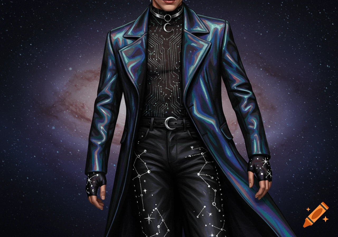 A person wears a shimmering holographic trench coat over a circuit-patterned shirt and constellation-decorated leather pants, against a cosmic background.