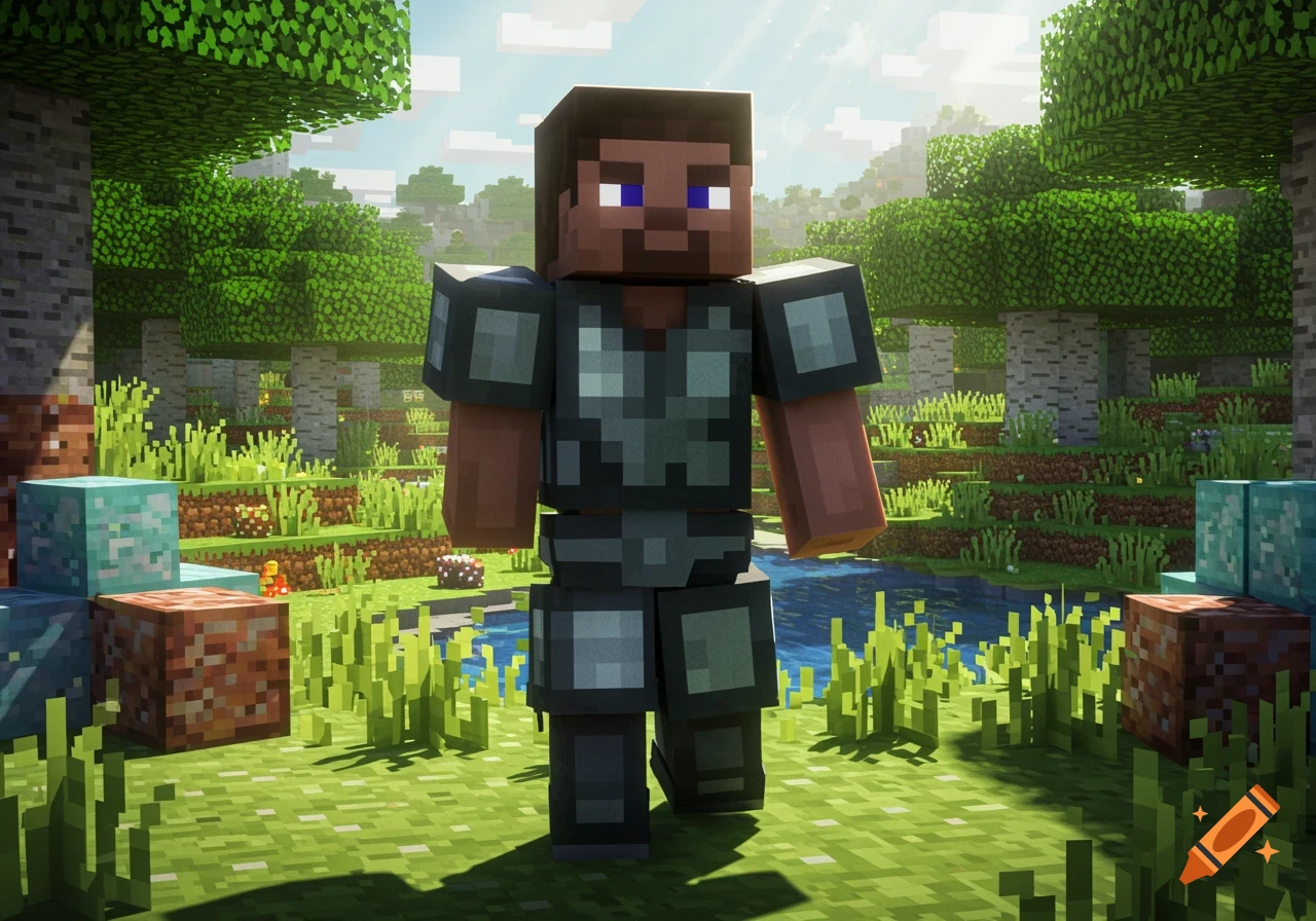 A blocky Minecraft character, Steve, wearing iron armor stands in a lush, sunlit block-world landscape with trees, water, and ore blocks.