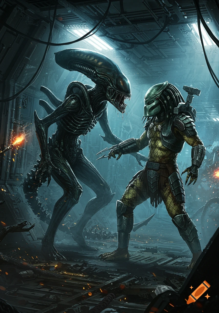 A Xenomorph Alien and a Predator face off in a dark, debris-strewn spaceship interior, amidst sparks and glowing lights.
