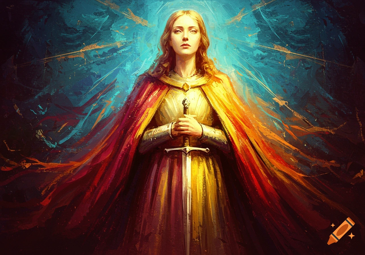 A dramatic painterly portrait of a woman in armor and a flowing red cape holding a sword, against an abstract blue and gold background.