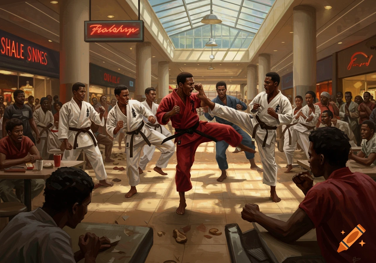 A group of African American men in a mall food court, some performing karate moves while others watch or sit at tables. The scene is brightly lit by a skylight.