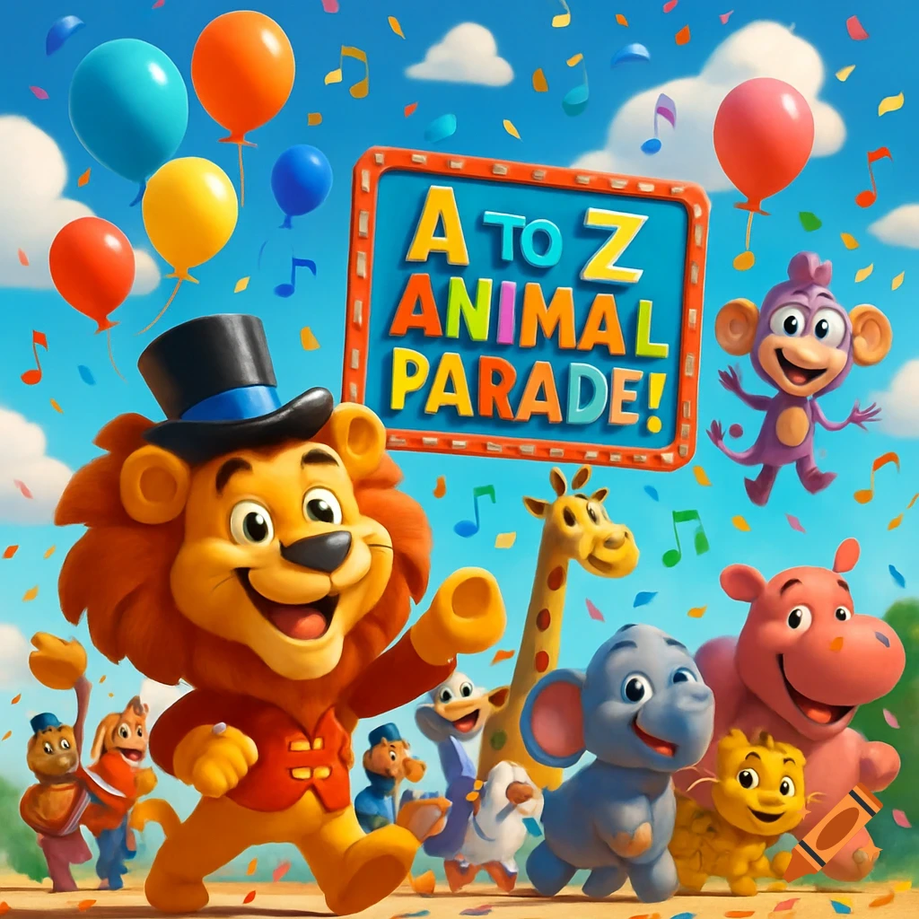 A cheerful parade of 3D cartoon animals, led by a lion in a top hat, marching under a sign that reads 'A to Z Animal Parade!' with balloons and confetti.