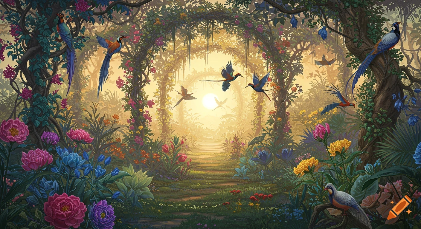 Lush, colorful fantasy garden illustration at dawn with a path, vibrant flowers, and numerous detailed birds flying and perched.