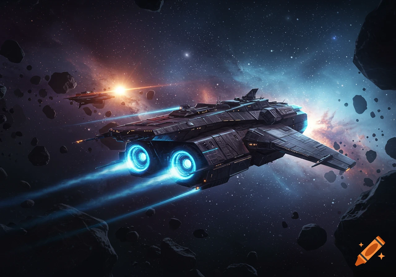 A large detailed dark spaceship with glowing blue engines flies through a dark asteroid field in deep space, with a smaller ship and bright star in the background.