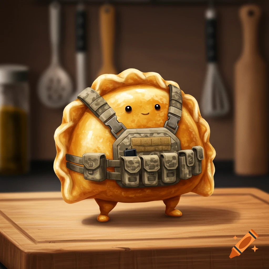 A cute, cartoonish pierogi wearing detailed camouflage tactical gear stands on a wooden cutting board in a kitchen.