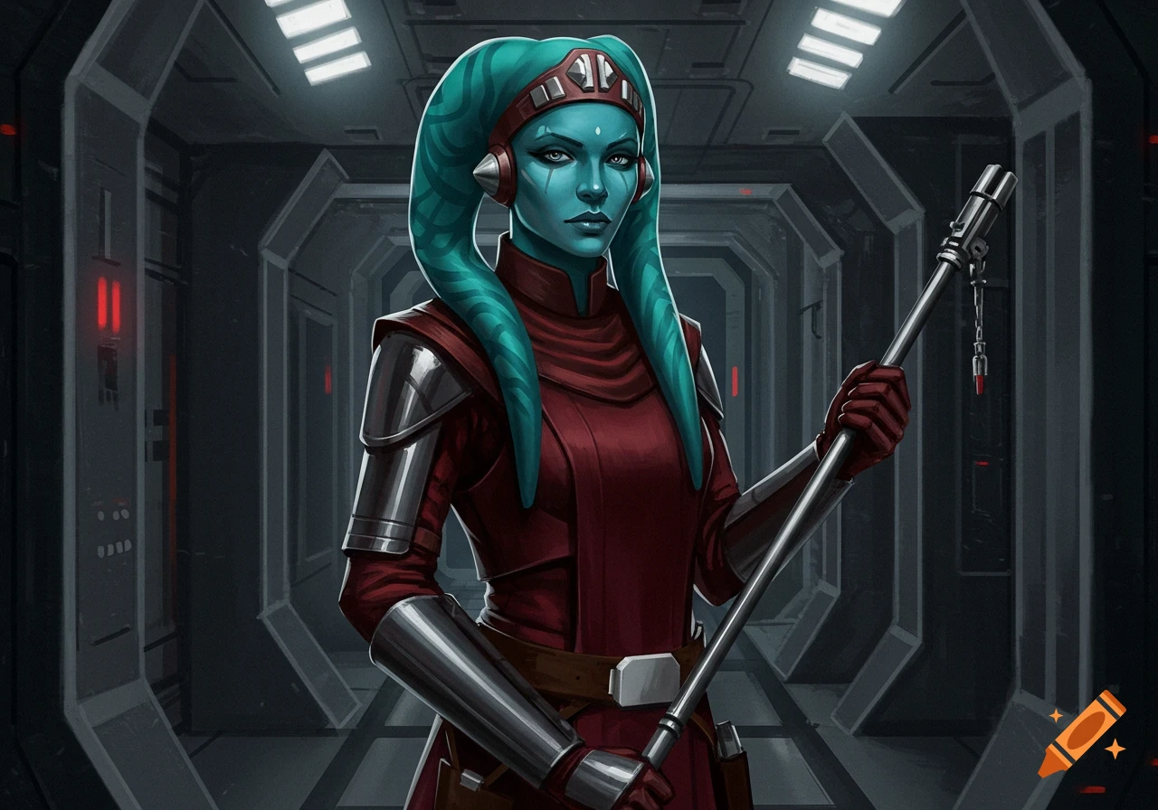 Blue-skinned Twi'lek woman in red Imperial Royal Guard uniform holding a force pike in a sci-fi corridor.
