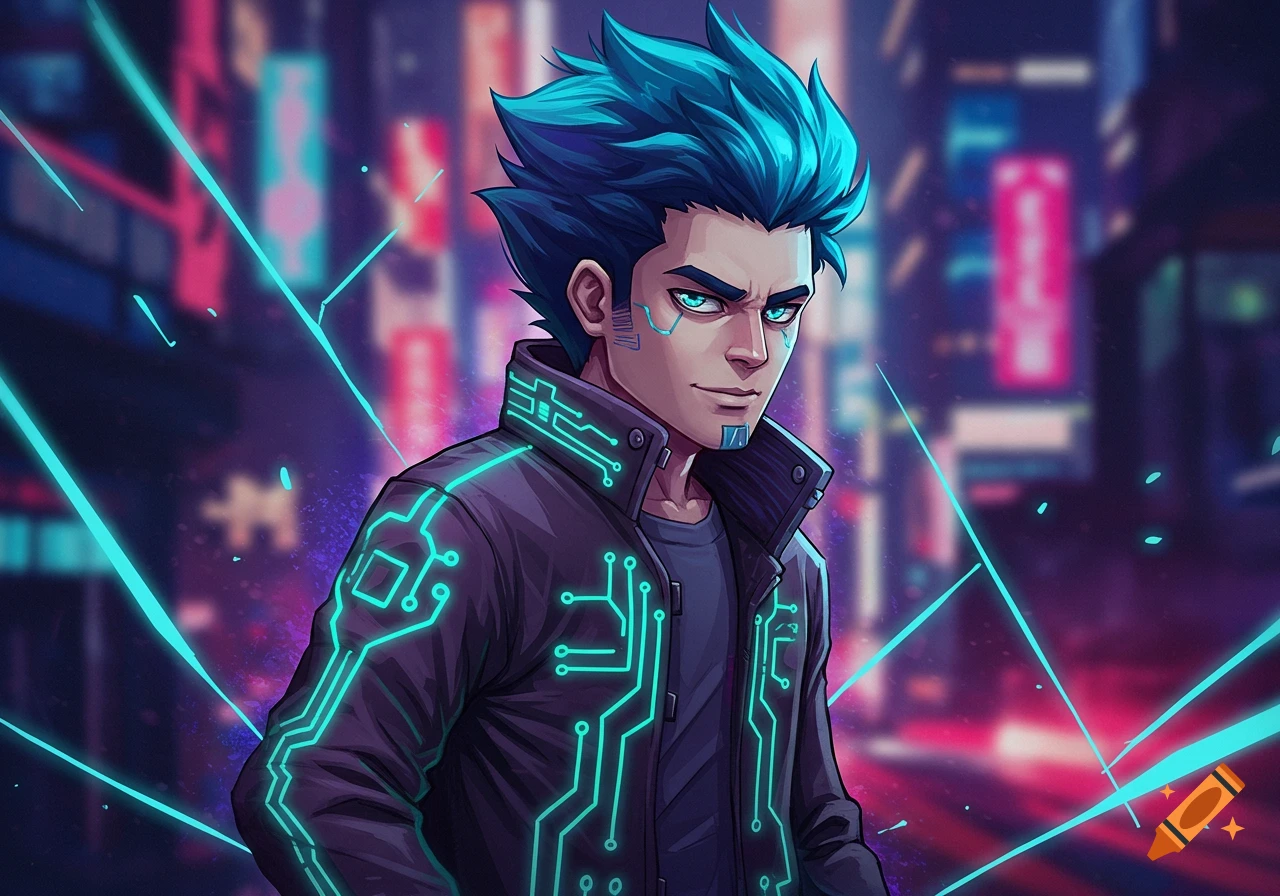 Anime male character with spiky blue hair and glowing cybernetic markings on his face and jacket, standing in a neon-lit cyberpunk city at night.