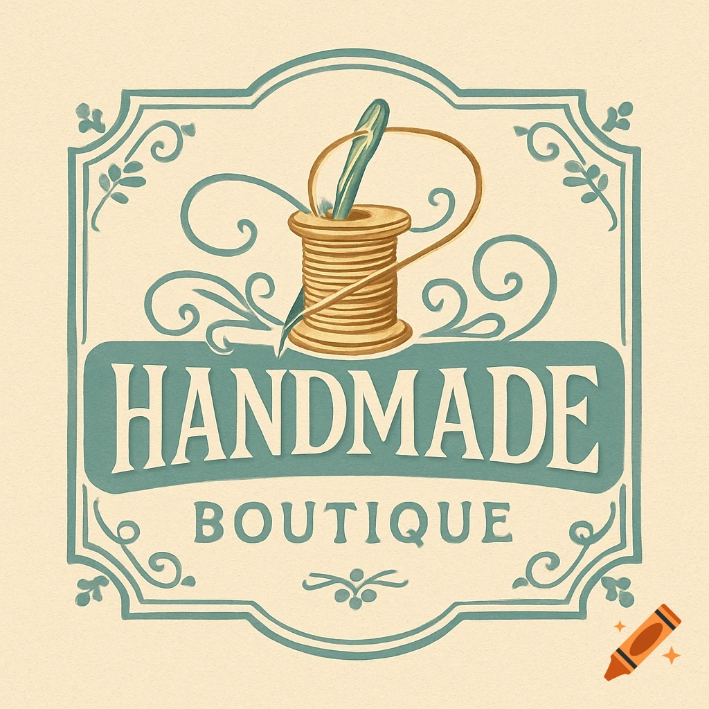 A retro-style logo in teal and tan, featuring a spool of thread with a needle, with the words "HANDMADE BOUTIQUE".