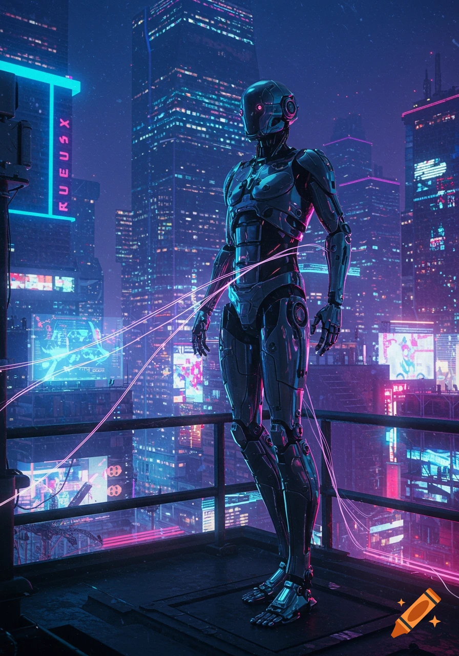 A detailed metallic robot stands on a rooftop against a backdrop of a neon-lit cyberpunk city.