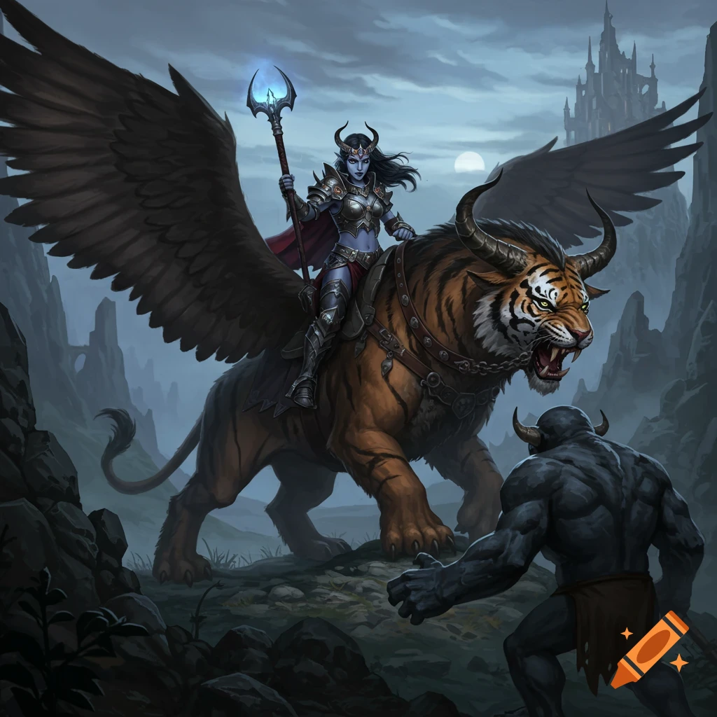 A dark warrior queen on a winged, horned tiger-beast confronts a troll in a moonlit fantasy valley with a castle.