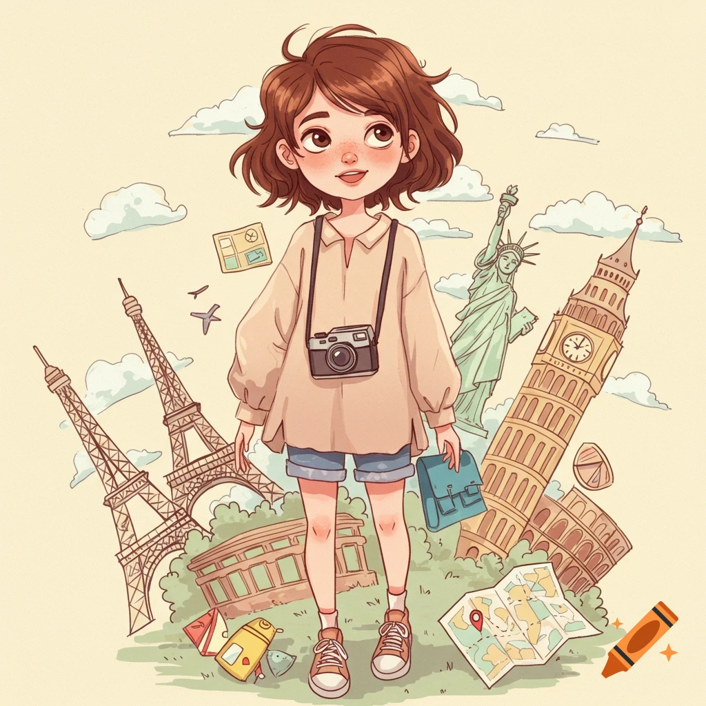 A cute cartoon girl with short brown hair stands amidst famous world landmarks like the Eiffel Tower, Statue of Liberty, and Big Ben in a doodle illustration.