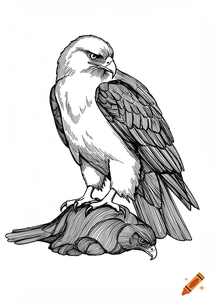 Black and white minimalist line drawing of a hawk standing over its prey.