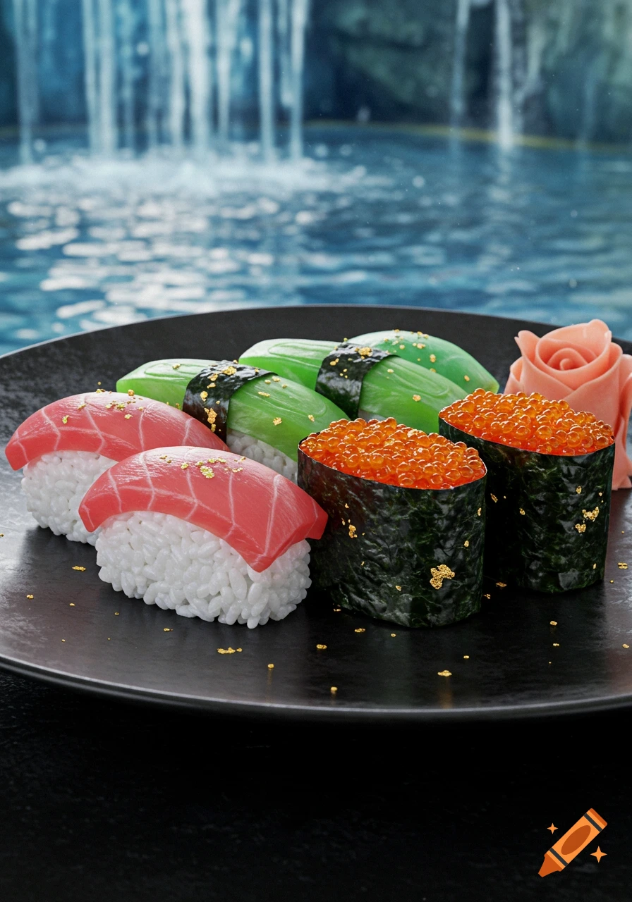 Photorealistic sushi platter with tuna, green gemstone, and ikura sushi, garnished with gold flakes and a ginger rose, set against a waterfall backdrop.