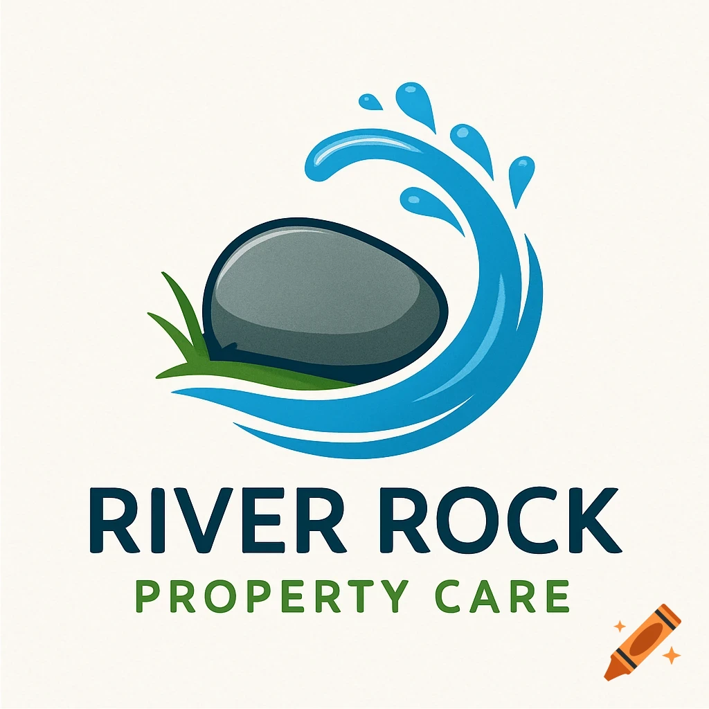 A logo with a grey rock, green grass, and blue water, text 'RIVER ROCK PROPERTY CARE'.