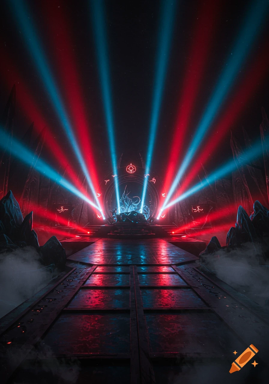 A dark, stylized stage with glowing red and blue light beams emanating from a central circular portal and stylized figure, with reflections on the floor.