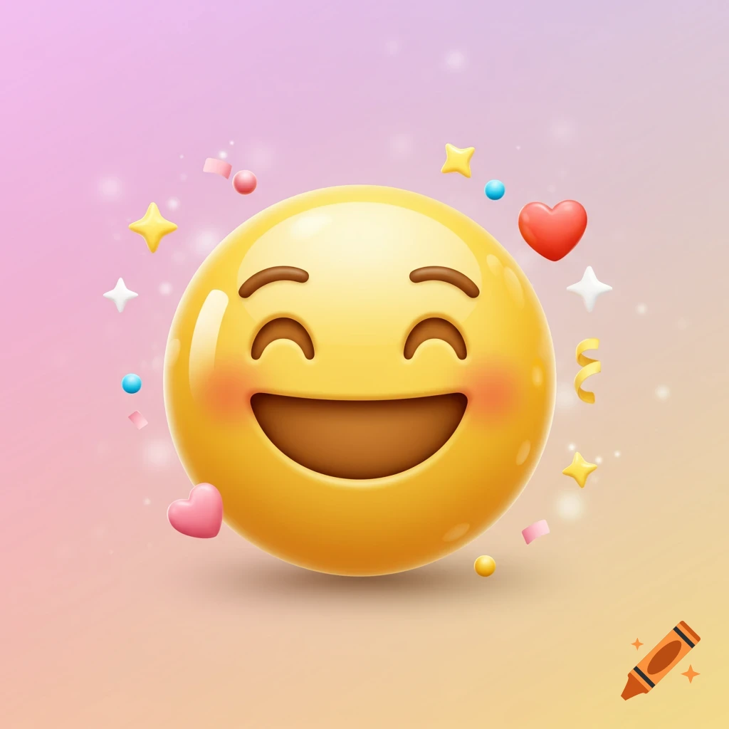 A cheerful 3D yellow emoji with a wide smile and closed eyes, surrounded by colorful confetti, stars, and hearts on a pink background.