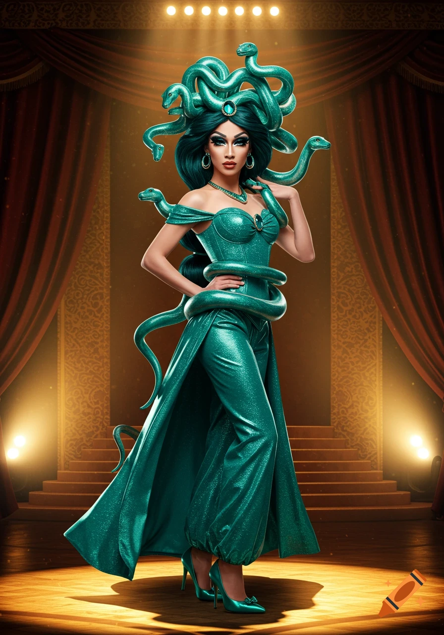 A woman in a glittery teal Medusa-inspired outfit with snake hair and drag makeup stands on a brightly lit stage.