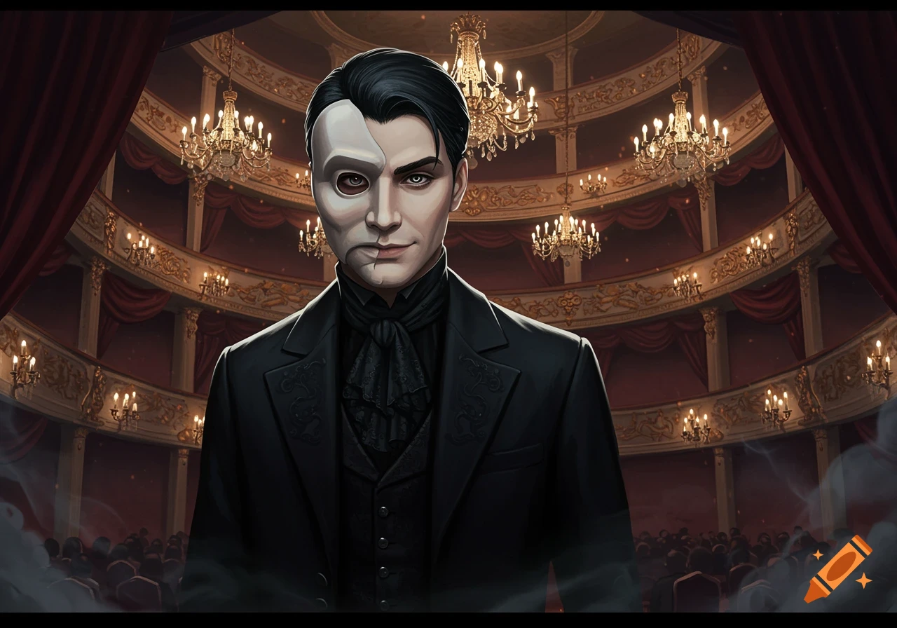 A man with a white mask over half his face, dressed in a black suit, stands in a grand opera house with ornate balconies and chandeliers.