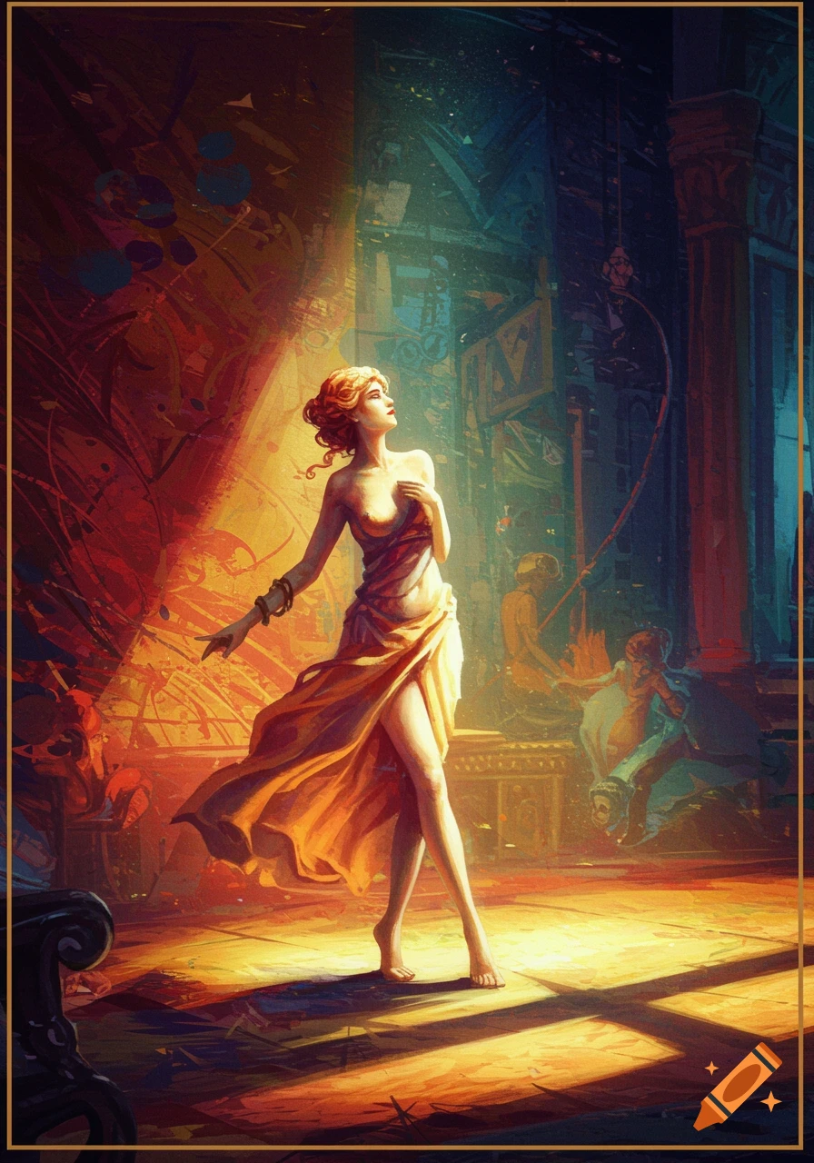 A painterly image of a red-haired woman draped in golden fabric, dancing in dramatic, contrasting light.