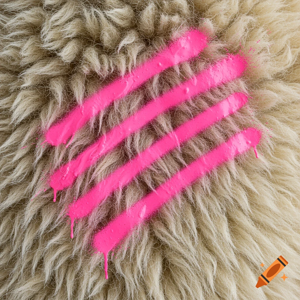 Close-up of fluffy white wool or fur with four diagonal fluorescent pink spray paint lines and drips.