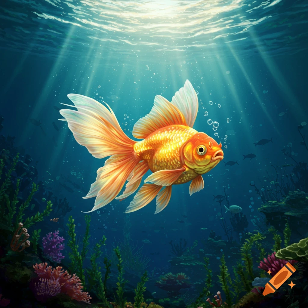 A vibrant orange goldfish swims gracefully in a deep blue underwater scene, with sunlight dappling from above and coral reefs below.
