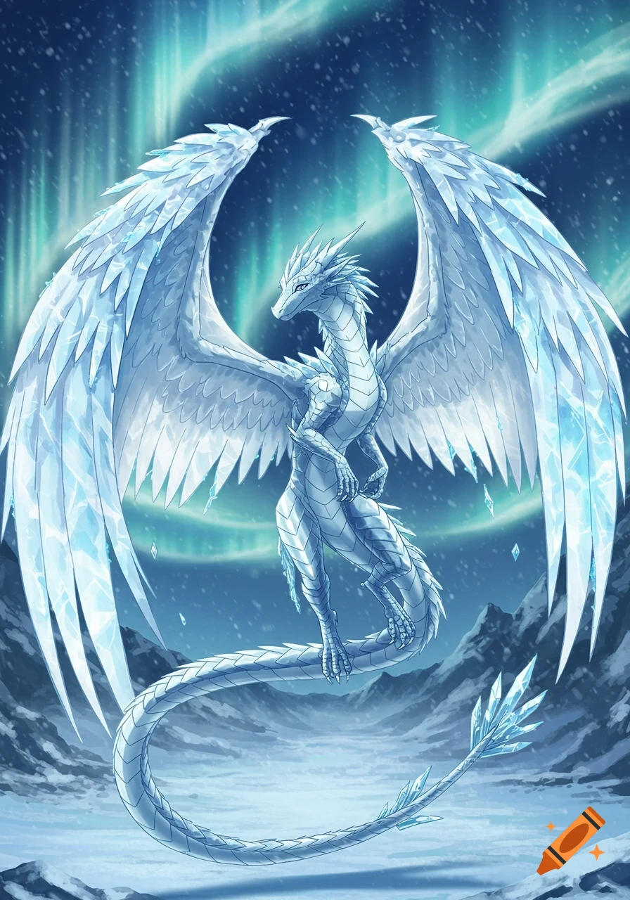 Anime art of an elegant white and blue ice dragon queen with large wings and icy features, set against a backdrop of aurora borealis over snowy mountains.