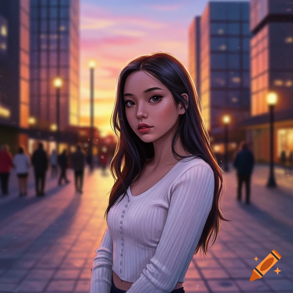 A digital art portrait of a young woman with long dark hair, standing on a city street at sunset with blurred buildings in the background.