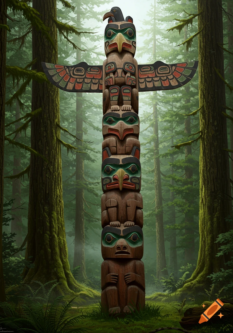 A carved wooden totem pole with colorful animal faces stands in a misty, lush green forest.