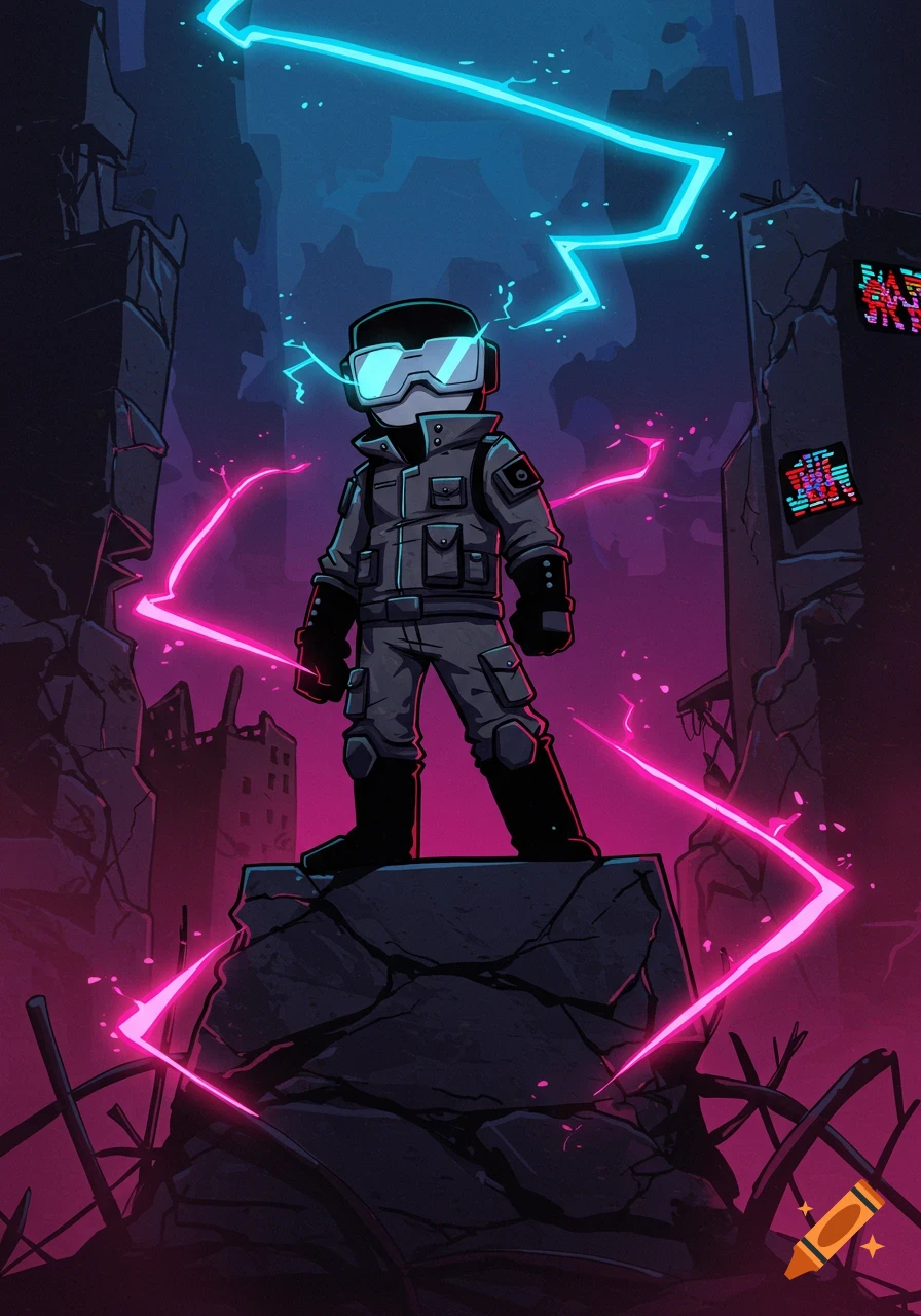 A stylized character resembling Tankman stands on rubble in a dark, post-apocalyptic city bathed in neon blue and pink light.