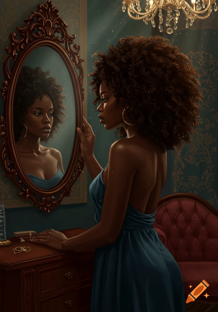 A black woman in a blue dress looks into an ornate mirror in a dimly lit, elegant room.