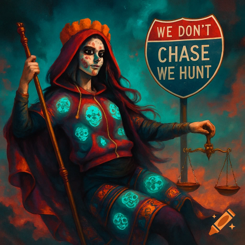 A stylized Santa Muerte figure in a red hoodie and crown holds a staff and scales, standing before an interstate sign reading 'WE DON'T CHASE WE HUNT' against a dramatic sky.