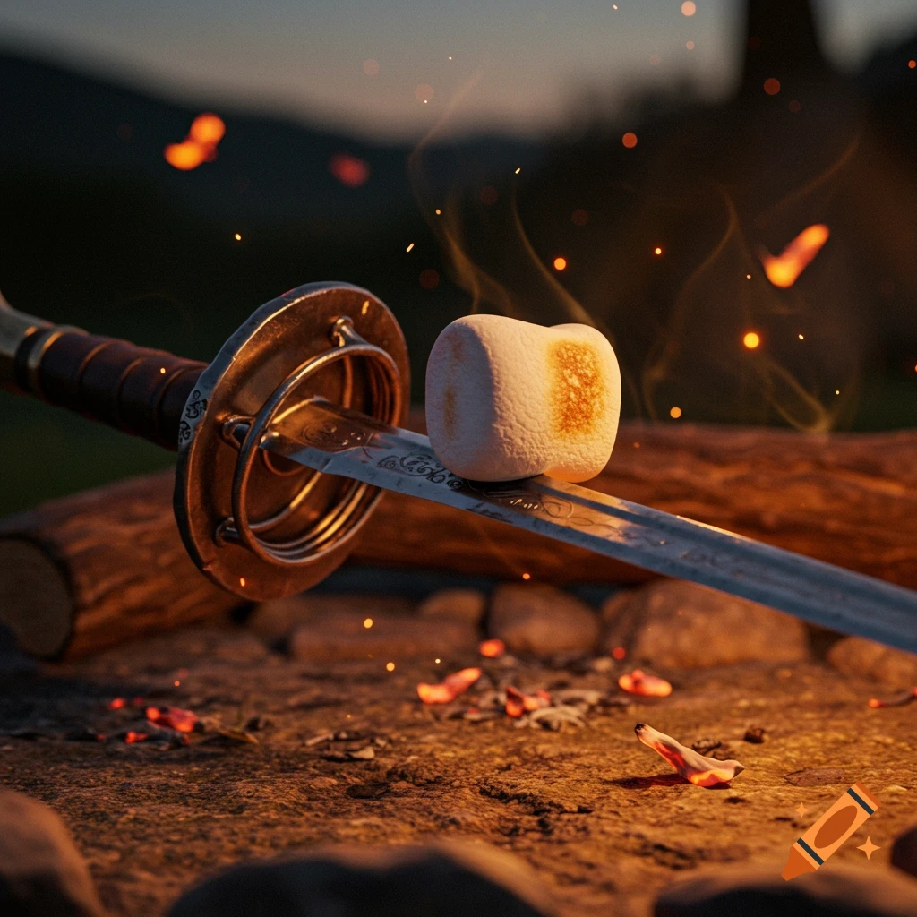 A marshmallow roasting on a rapier over a campfire, with glowing embers and smoke at dusk.