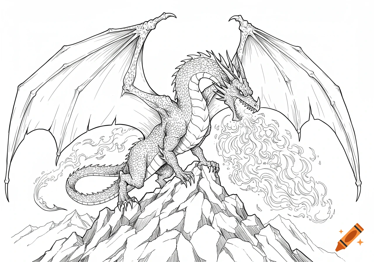 Black and white line drawing of a winged dragon standing on a mountain peak, breathing fire.