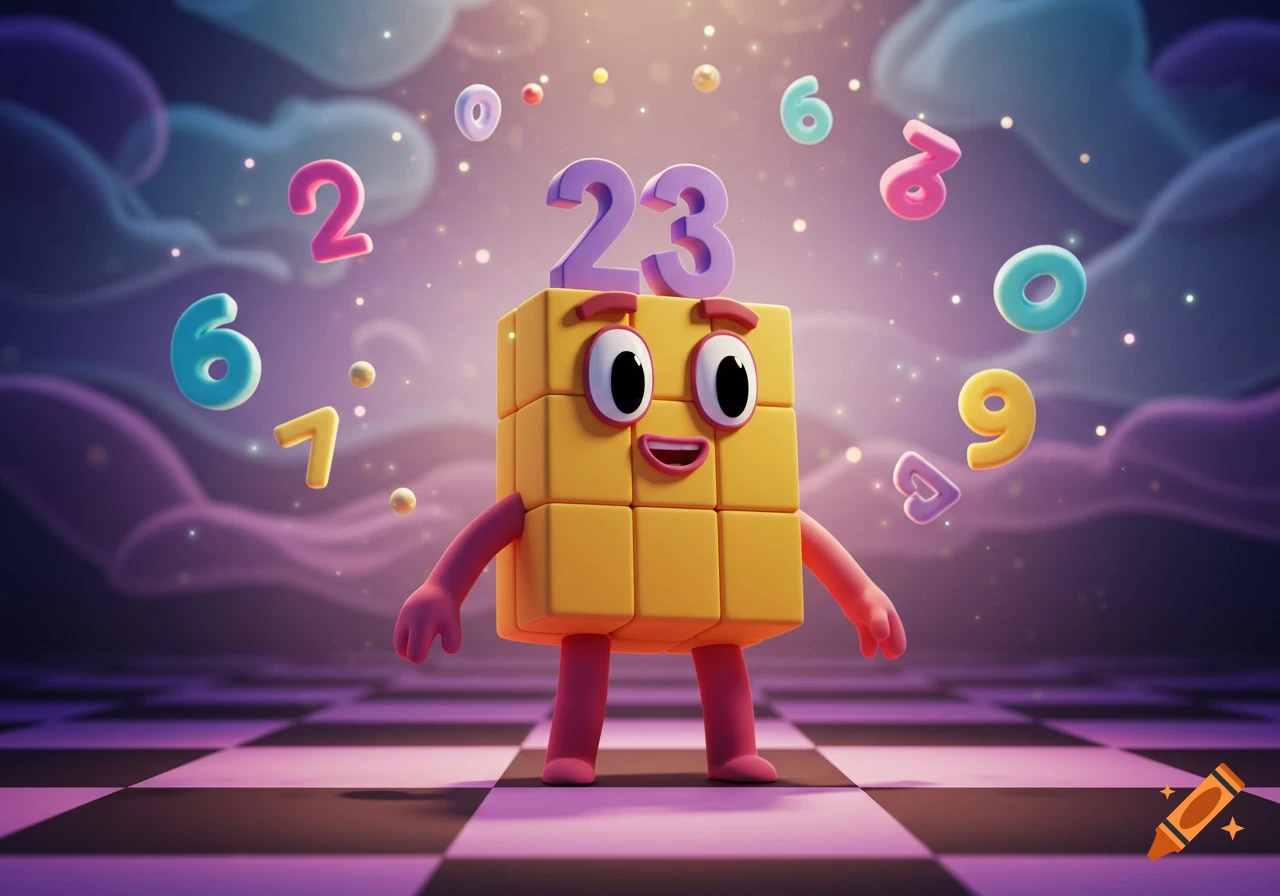 A friendly yellow block cartoon character with the number 23 on its head, surrounded by floating colorful numbers in a purple and pink fantasy setting with a checkered floor.