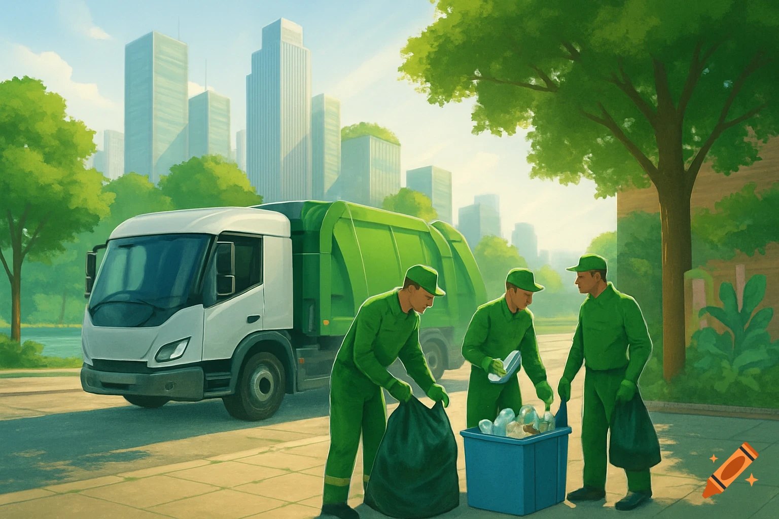 Three garbage collectors in green uniforms pick up trash bags and recycling next to a green garbage truck on a city street. Stylized illustration.