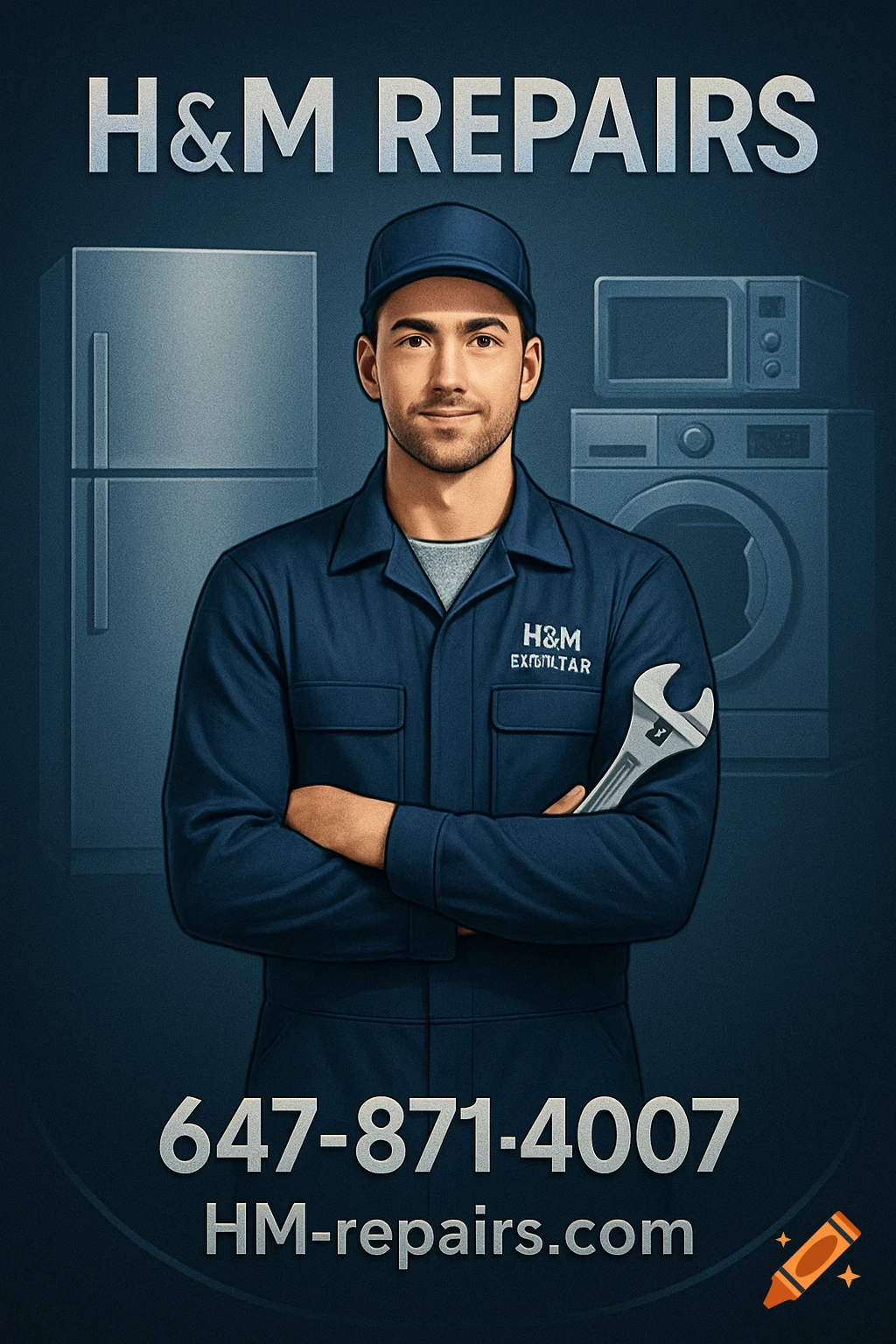 An illustrated man in a navy uniform and cap holds a wrench, standing in front of outlines of appliances like a fridge, washing machine, and microwave. Text says "H&M REPAIRS," "647-871-4007," and "HM-repairs.com."