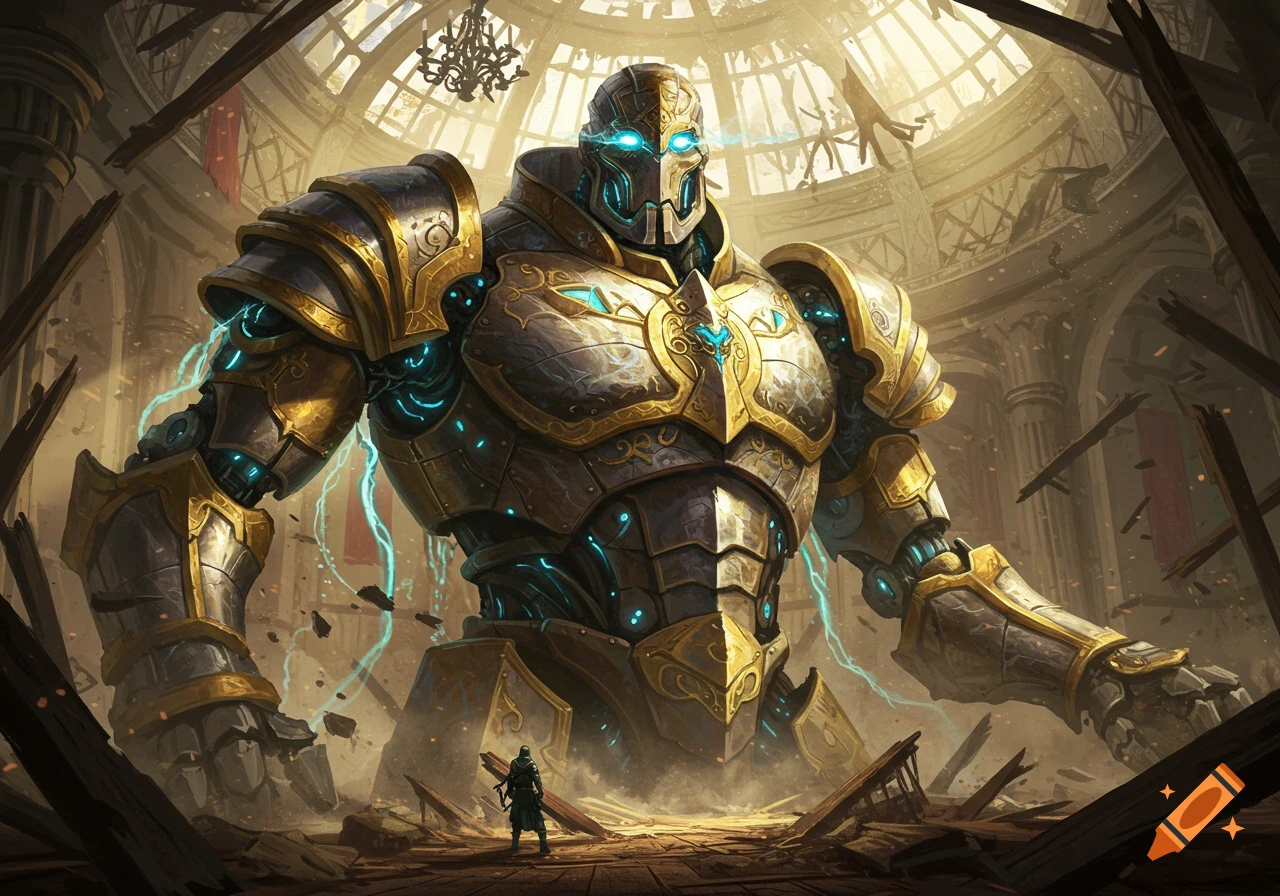 A gigantic ornate automaton with glowing blue energy stands in a ruined hall, looking down at a small warrior.