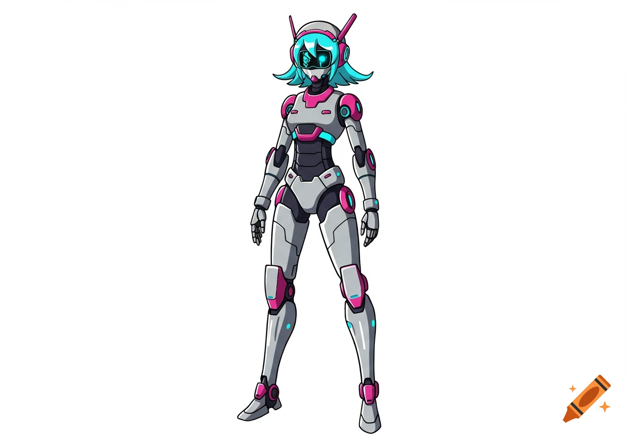 A full-body illustration of a stylized robot girl with teal hair and pink and grey armor, on a white background.