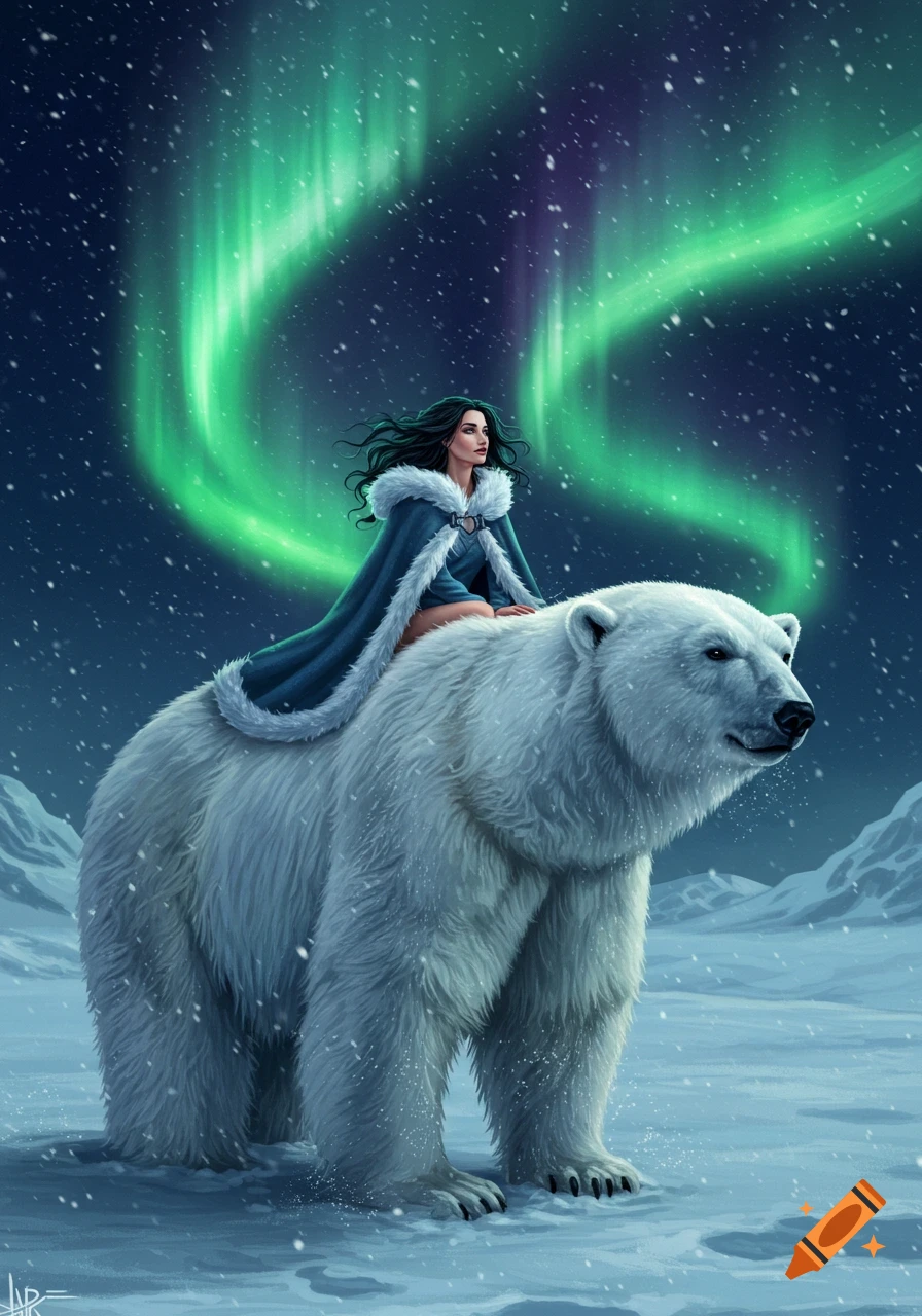 A woman in a blue fur-lined cape rides a polar bear across a snowy landscape under the vibrant green aurora borealis at night.