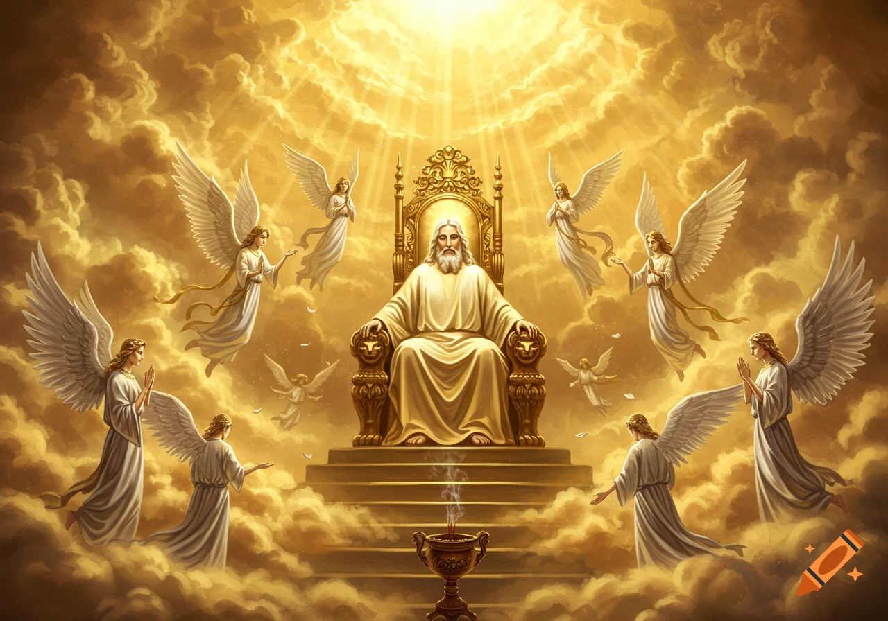 God on a golden throne in a luminous, cloud-filled heaven, surrounded by many angels, in a vibrant fantasy art style.