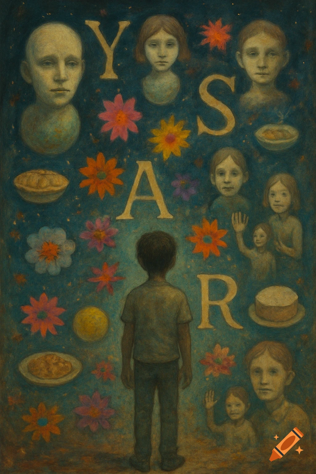 A dark, textured painting shows a boy's back, facing floating heads, flowers, and food items, with letters YASIR, evoking memory and melancholy.