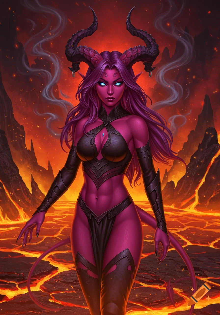 A magenta-skinned infernal teifling with purple hair, large horns, and glowing blue eyes stands in a fiery, volcanic landscape, depicted in a detailed digital art style.