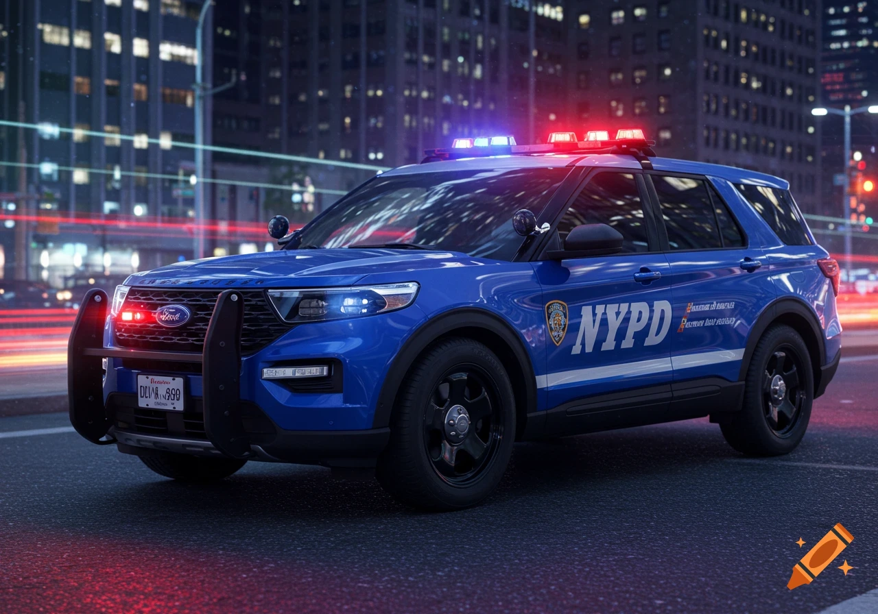 A blue Ford Explorer NYPD police car with flashing red and blue lights sits on a city street at night, with blurred city lights in the background.