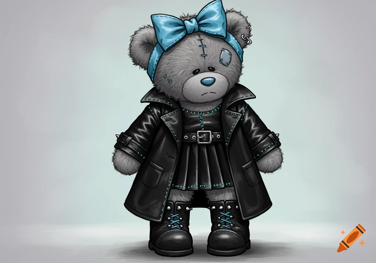 An emo Tatty Teddy plush toy wearing a black leather trench coat, pleated dress, studded boots, and a sky blue bow.