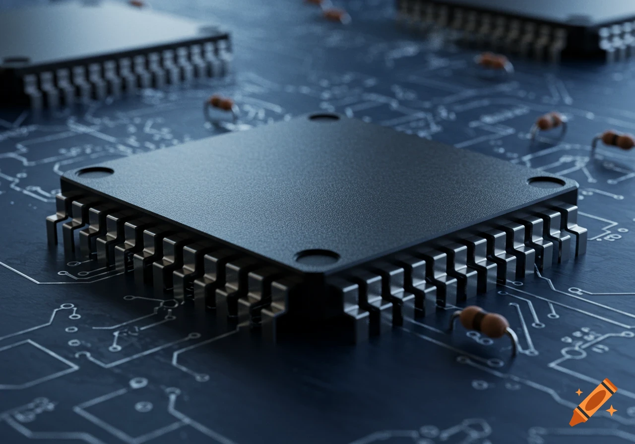 A close-up, realistic shot of a black integrated circuit chip with pins on a blue circuit board with other electronic components.
