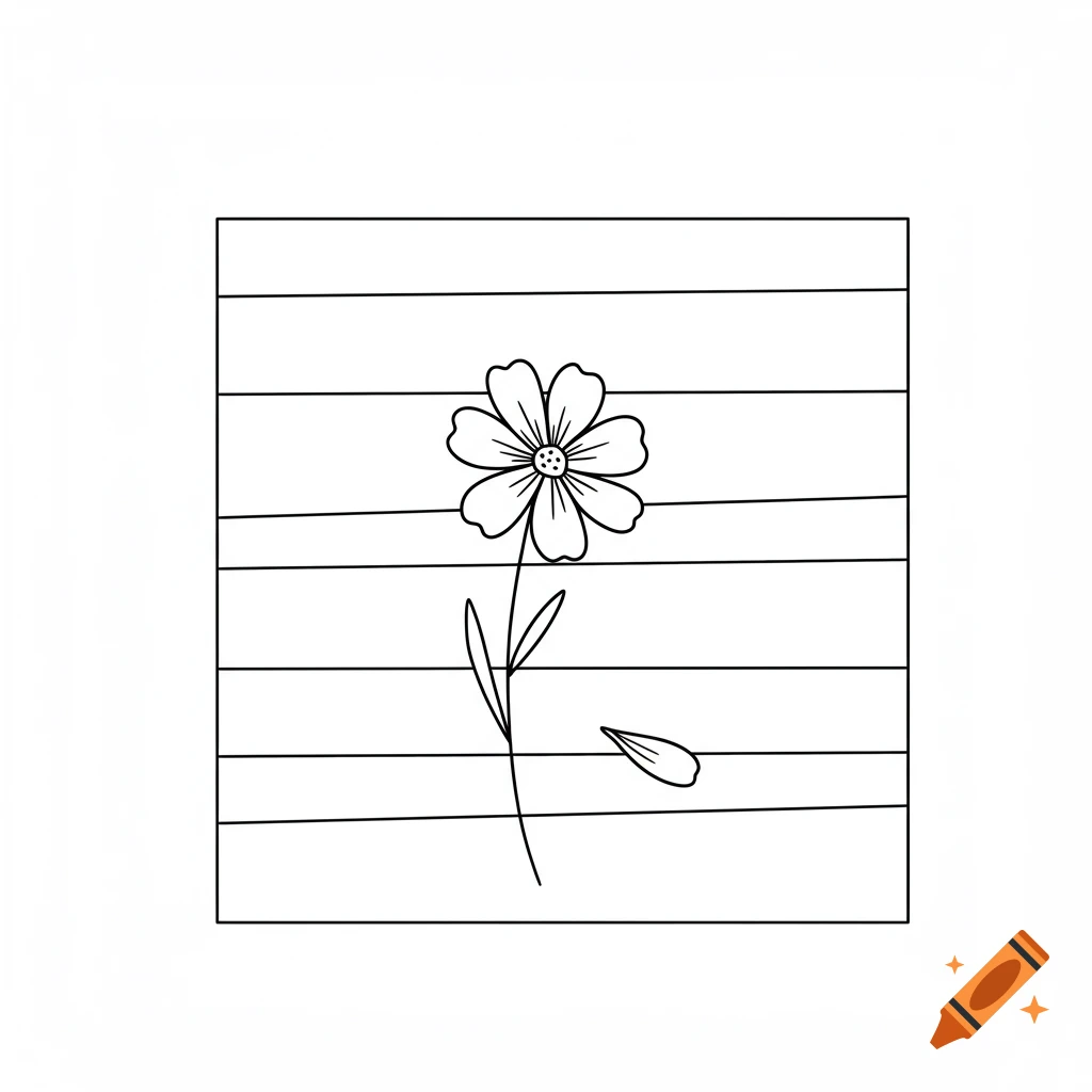 A simple black outline drawing of a flower with a fallen petal, contained within a square frame of horizontal lines.