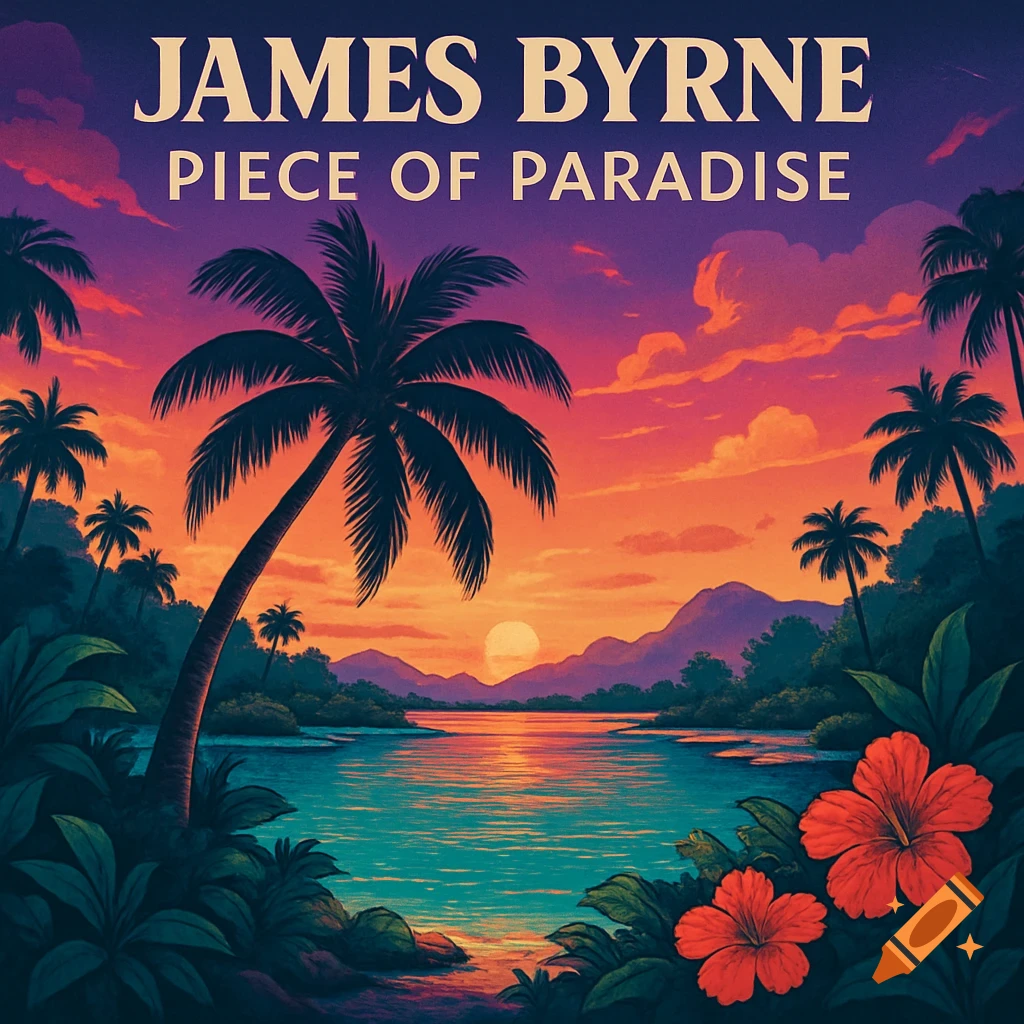 Vibrant album cover of a tropical sunset with palm trees, water, mountains, and red flowers. Features text 'JAMES BYRNE' and 'PIECE OF PARADISE'.